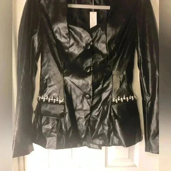 Chic Black Leather Jacket.  
Snake Embossed Faux Leather Embellished Blazer - Picture 10 of 17